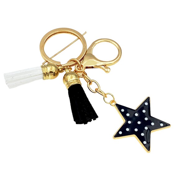 Evenchae Star & Tassels Keychain, Black & White, Purse Jewelry, Gift Bag, 4"L - Picture 3 of 4